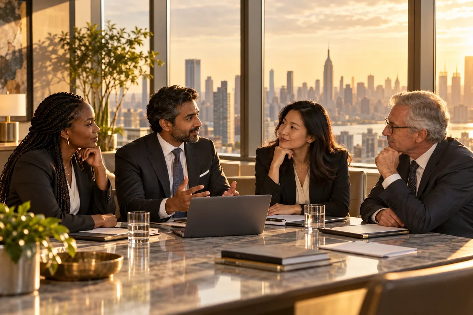 Illustrative scene of advisers discussing a project in a sunlit office