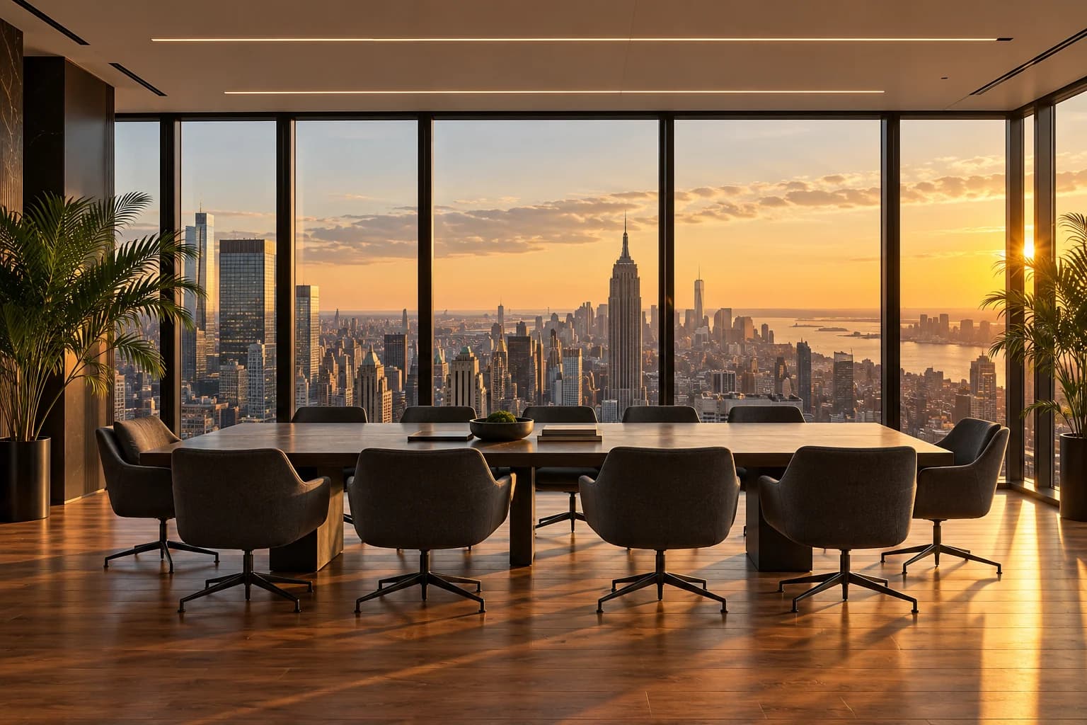 Illustrative sunlit conference room overlooking a city skyline